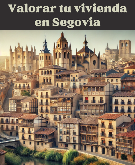 Imagen hiperrealista de edificios típicos de Segovia, España, que parece una fotografía actual y real de la ciudad. La escena incluye edificios tradicionales característicos de la zona combinados con edificios modernos, mostrando el singular paisaje arquitectónico de Segovia. La imagen mezcla armoniosamente elementos históricos y contemporáneos. https://vendermicasa.org/