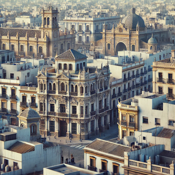 Imagen hiperrealista de edificios típicos de Sevilla, España, que muestra una mezcla de arquitectura tradicional y moderna. La escena debe parecer una imagen actual y real de la ciudad, con edificios característicos de la zona con estilos históricos combinados con estructuras contemporáneas. La imagen capta la mezcla arquitectónica única de Sevilla, con un equilibrio de elementos antiguos y nuevos.
https://www.vendermicasa.org/